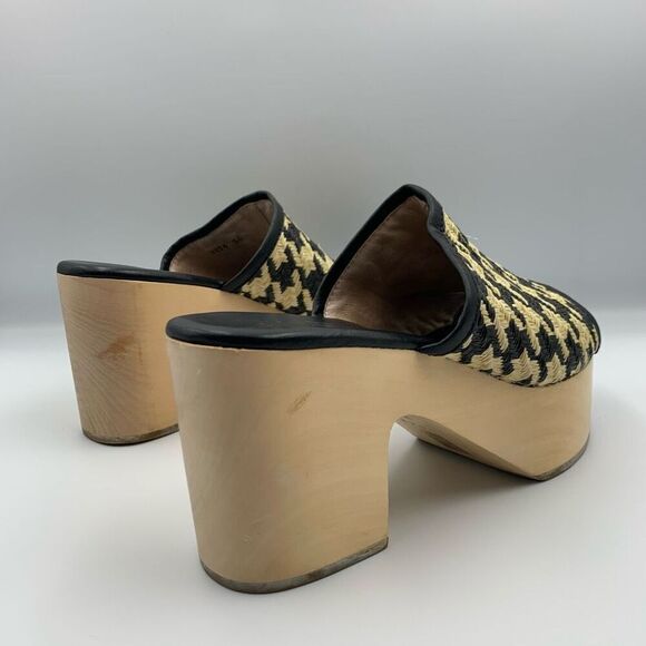 Logan Open Toe Leather‎ Raffia Houndstooth Wooden Clog Black Cream Size 36 - Picture 8 of 13